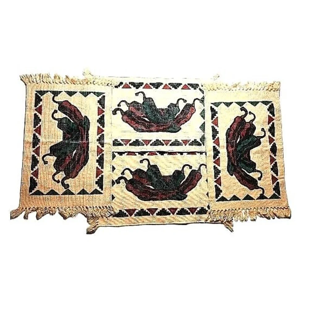 Vtg Southwest Woven Chili Pepper Placemats Set of 4 Fringe Cotton Western Rustic